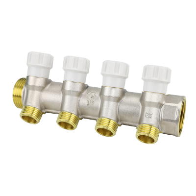 Коллектор распределительный с запорными клапанами Varmega VMMM02-N06154, 1", на 4 выхода 3/4"ЕК