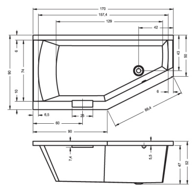 Ванна акриловая асимметричная RIHO GETA 170x90 R