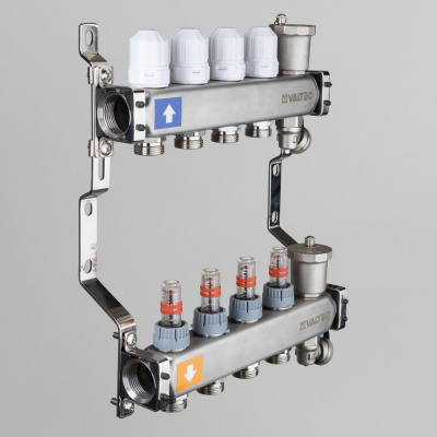 Коллектор из нержавеющей стали Valtec 1"x3/4"с регулирующими клапанами и расходомерами 9 выходов
