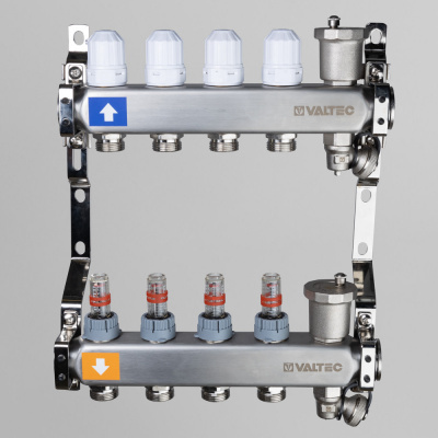 Коллектор из нержавеющей стали Valtec 1"x3/4"с регулирующими клапанами и расходомерами 9 выходов