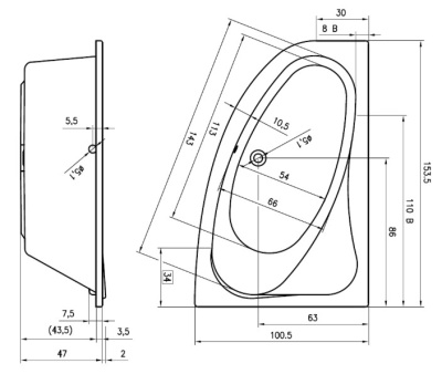 Ванна акриловая асимметричная RIHO LYRA 153x100 L