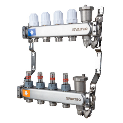 Коллектор из нержавеющей стали Valtec 1"x3/4"с регулирующими клапанами и расходомерами 11 выходов