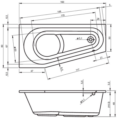 Ванна акриловая асимметричная RIHO DELTA 160x80, L